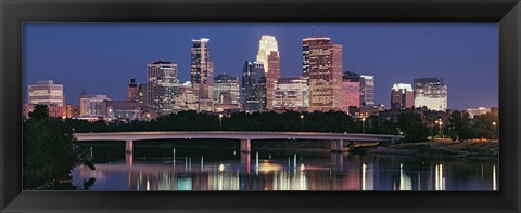 Framed Buildings lit up at night in a city, Minneapolis, Mississippi River, Hennepin County, Minnesota, USA Print