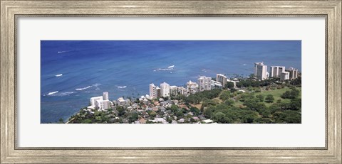 Framed Aerial view of a city at waterfront, Honolulu, Oahu, Honolulu County, Hawaii, USA 2010 Print