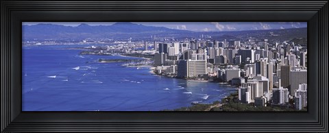 Framed High angle view of a city at waterfront, Honolulu, Oahu, Honolulu County, Hawaii Print