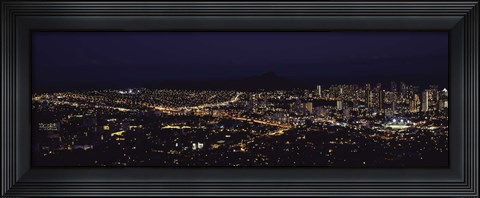 Framed Aerial view of a city lit up at night, Honolulu, Oahu, Honolulu County, Hawaii, USA 2010 Print