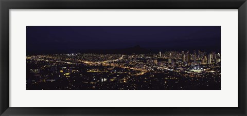 Framed Aerial view of a city lit up at night, Honolulu, Oahu, Honolulu County, Hawaii, USA 2010 Print