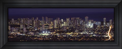 Framed High angle view of a city lit up at night, Honolulu, Oahu, Honolulu County, Hawaii Print