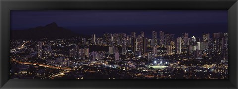 Framed High angle view of a city lit up at night, Honolulu, Oahu, Honolulu County, Hawaii, USA Print