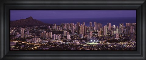 Framed High angle view of a city lit up at dusk, Honolulu, Oahu, Honolulu County, Hawaii Print