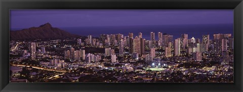 Framed High angle view of a city lit up at dusk, Honolulu, Oahu, Honolulu County, Hawaii Print