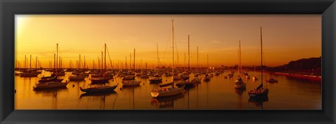 Framed Boats moored at a harbor at dusk, Chicago River, Chicago, Cook County, Illinois, USA Print