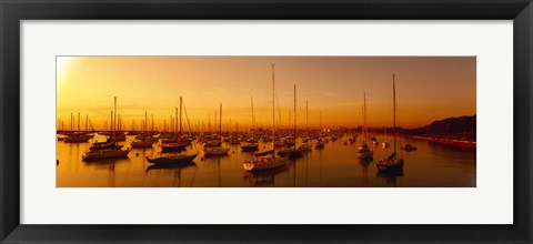 Framed Boats moored at a harbor at dusk, Chicago River, Chicago, Cook County, Illinois, USA Print