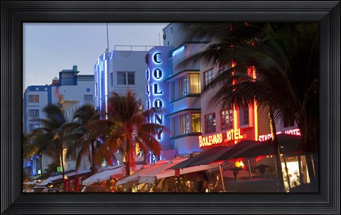 Framed Hotels lit up at dusk in a city, Miami, Miami-Dade County, Florida, USA Print