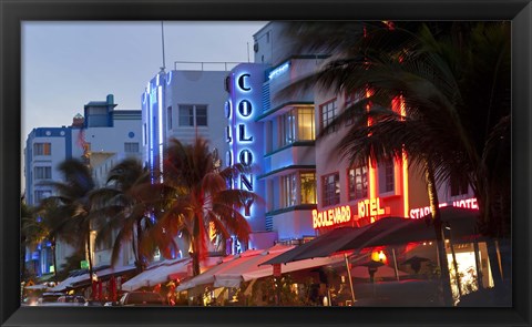 Framed Hotels lit up at dusk in a city, Miami, Miami-Dade County, Florida, USA Print