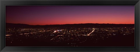 Framed City lit up at dusk (red sky), Silicon Valley, San Jose, California Print