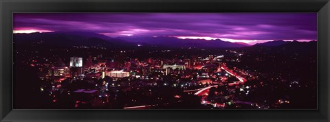 Framed Aerial view of a city lit up at night, Asheville, Buncombe County, North Carolina, USA 2011 Print