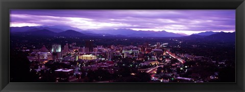 Framed Aerial view of a city lit up at dusk, Asheville, Buncombe County, North Carolina, USA 2011 Print