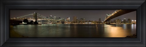 Framed Brooklyn Bridge and Manhattan Bridge across East River at night, Manhattan, New York City, New York State, USA Print