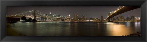 Framed Brooklyn Bridge and Manhattan Bridge across East River at night, Manhattan, New York City, New York State, USA Print