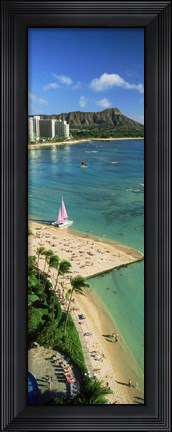 Framed Aerial view of a beach, Diamond Head, Waikiki Beach, Oahu, Honolulu, Hawaii, USA Print