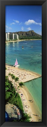 Framed Aerial view of a beach, Diamond Head, Waikiki Beach, Oahu, Honolulu, Hawaii, USA Print