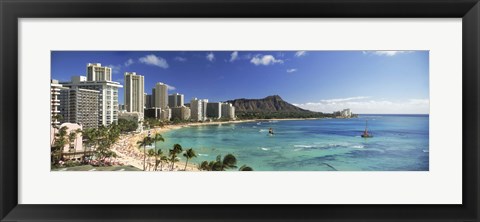 Framed Buildings along the coastline, Diamond Head, Waikiki Beach, Oahu, Honolulu, Hawaii, USA Print