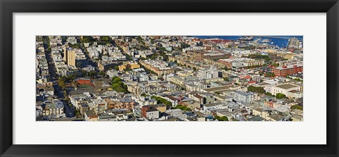 Framed Aerial view of buildings in a city, Columbus Avenue and Fisherman&#39;s Wharf, San Francisco, California, USA Print