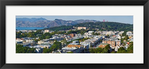 Framed Entrance to San Francisco Harbor, Golden Gate Bridge Towers visible above the Presidio, San Francisco, California, USA Print