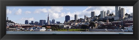 Framed Buildings at the waterfront, Transamerica Pyramid, Ghirardelli Building, Coit Tower, San Francisco, California, USA Print