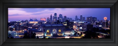 Framed Union Station at sunset with city skyline in background, Kansas City, Missouri Print
