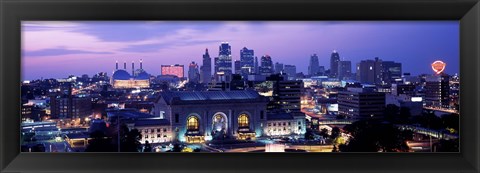 Framed Union Station at sunset with city skyline in background, Kansas City, Missouri Print