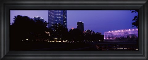 Framed Devon Tower and Crystal Bridge Tropical Conservatory at night, Oklahoma City, Oklahoma, USA Print