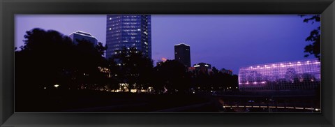 Framed Devon Tower and Crystal Bridge Tropical Conservatory at night, Oklahoma City, Oklahoma, USA Print