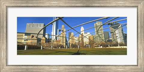 Framed Jay Pritzker Pavilion with city skyline in the background, Millennium Park, Chicago, Cook County, Illinois, USA Print