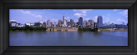 Framed Paul Brown Stadium with John A. Roebling Suspension Bridge along the Ohio River, Cincinnati, Hamilton County, Ohio, USA Print