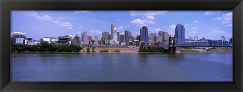 Framed Paul Brown Stadium with John A. Roebling Suspension Bridge along the Ohio River, Cincinnati, Hamilton County, Ohio, USA Print