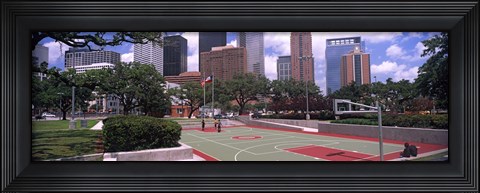 Framed Basketball court with skyscrapers in the background, Houston, Texas Print