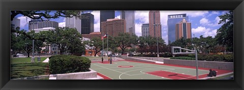 Framed Basketball court with skyscrapers in the background, Houston, Texas Print