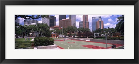 Framed Basketball court with skyscrapers in the background, Houston, Texas Print