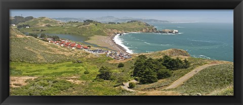 Framed High angle view of a coast, Marin Headlands, Rodeo Cove, San Francisco, Marin County, California, USA Print