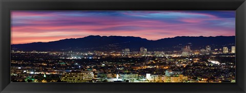 Framed High angle view of a city at dusk, Culver City, Santa Monica Mountains, West Los Angeles, Westwood, California, USA Print