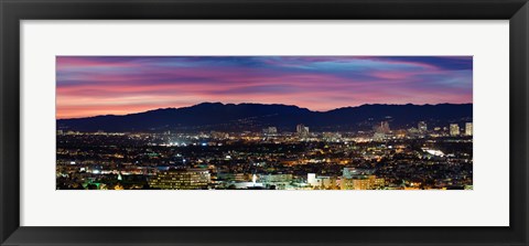 Framed High angle view of a city at dusk, Culver City, Santa Monica Mountains, West Los Angeles, Westwood, California, USA Print