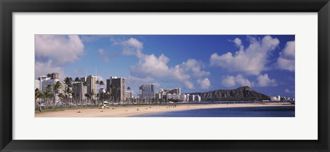 Framed Waikiki Beach with mountain in the background, Diamond Head, Honolulu, Oahu, Hawaii, USA Print