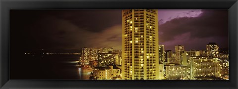 Framed Buildings lit up at night, Honolulu, Oahu, Hawaii, USA Print