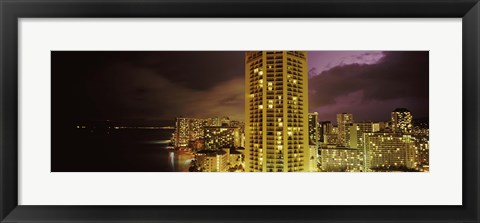 Framed Buildings lit up at night, Honolulu, Oahu, Hawaii, USA Print