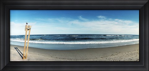 Framed Seagull standing on a wooden post at Fort Tilden Beach, Queens, New York City Print