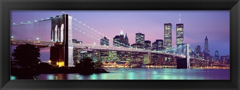 Framed Bridge at dusk, Brooklyn Bridge, East River, World Trade Center, Wall Street, Manhattan, New York City, New York State, USA Print