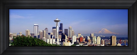 Framed Skyscrapers with mountain in the background, Mt Rainier, Mt Rainier National Park, Space Needle, Seattle, Washington State, USA Print