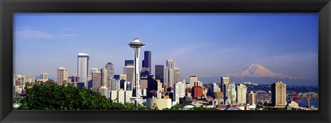 Framed Skyscrapers with mountain in the background, Mt Rainier, Mt Rainier National Park, Space Needle, Seattle, Washington State, USA Print