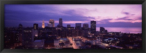 Framed Buildings lit up at night in a city, Cleveland, Cuyahoga County, Ohio, USA Print