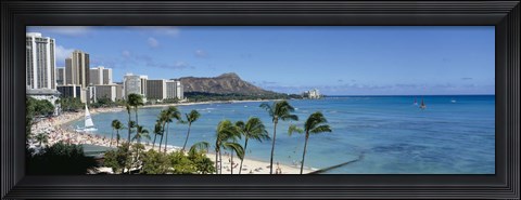 Framed Buildings On The Beach, Waikiki Beach, Honolulu, Oahu, Hawaii, USA Print