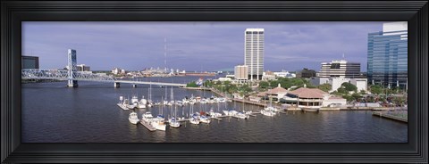 Framed USA, Florida, Jacksonville, St. Johns River, High angle view of Marina Riverwalk Print