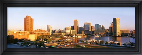 Framed USA, Maryland, Baltimore, High angle view from Federal Hill Parkof Inner Harbor area and skyline Print