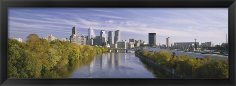 Framed Reflection of buildings in water, Schuylkill River, Northwest Philadelphia, Philadelphia, Pennsylvania, USA Print