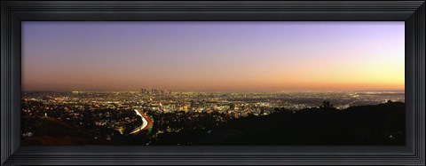Framed Aerial view of buildings in a city at dusk from Hollywood Hills, Hollywood, City of Los Angeles, California, USA Print